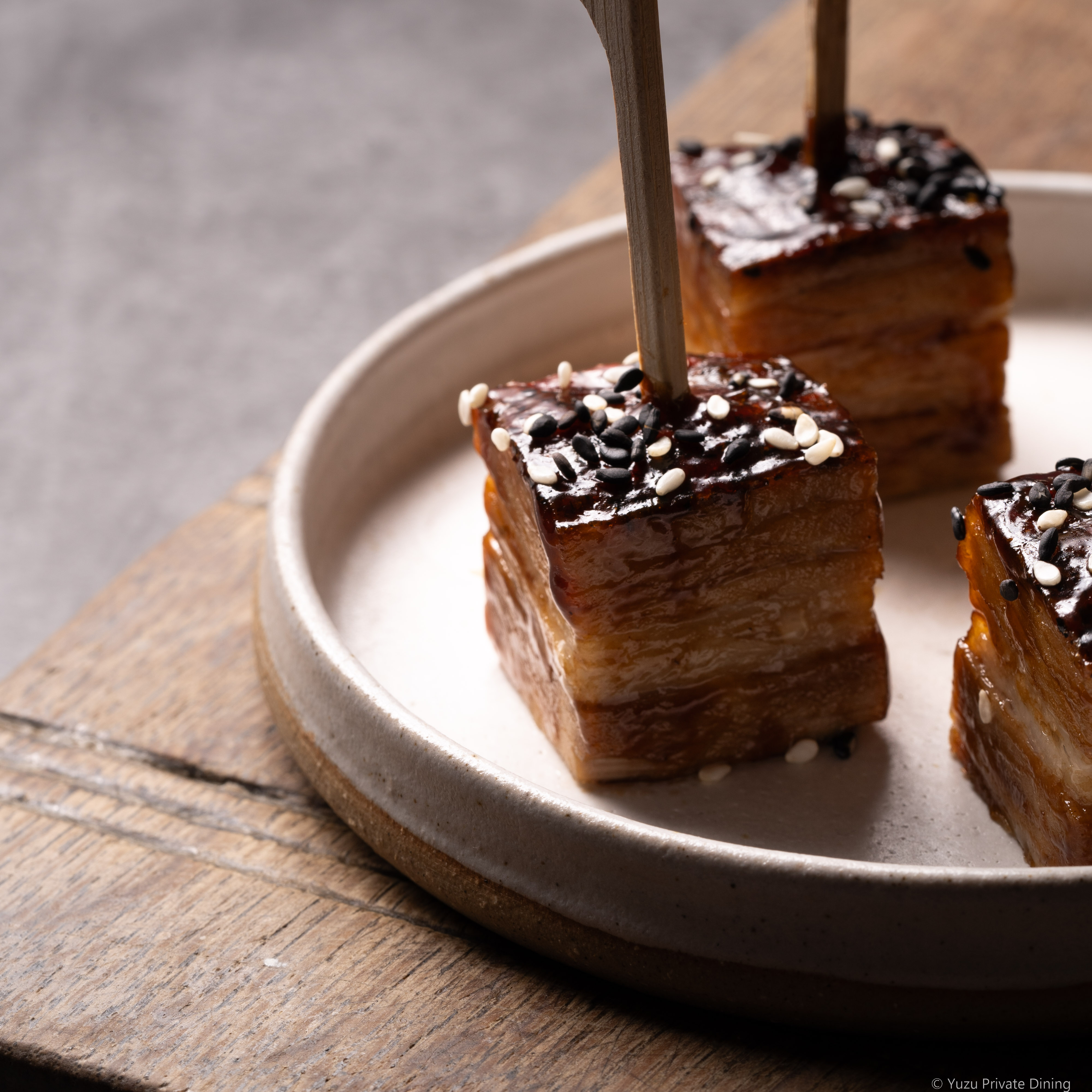 Pork Belly Skewers, Hoisin & Sesame Glaze